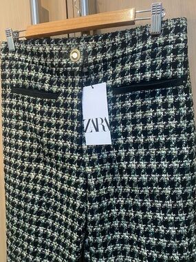 New Zara Black, White and Green Houndstooth Tweed Pants Size Small